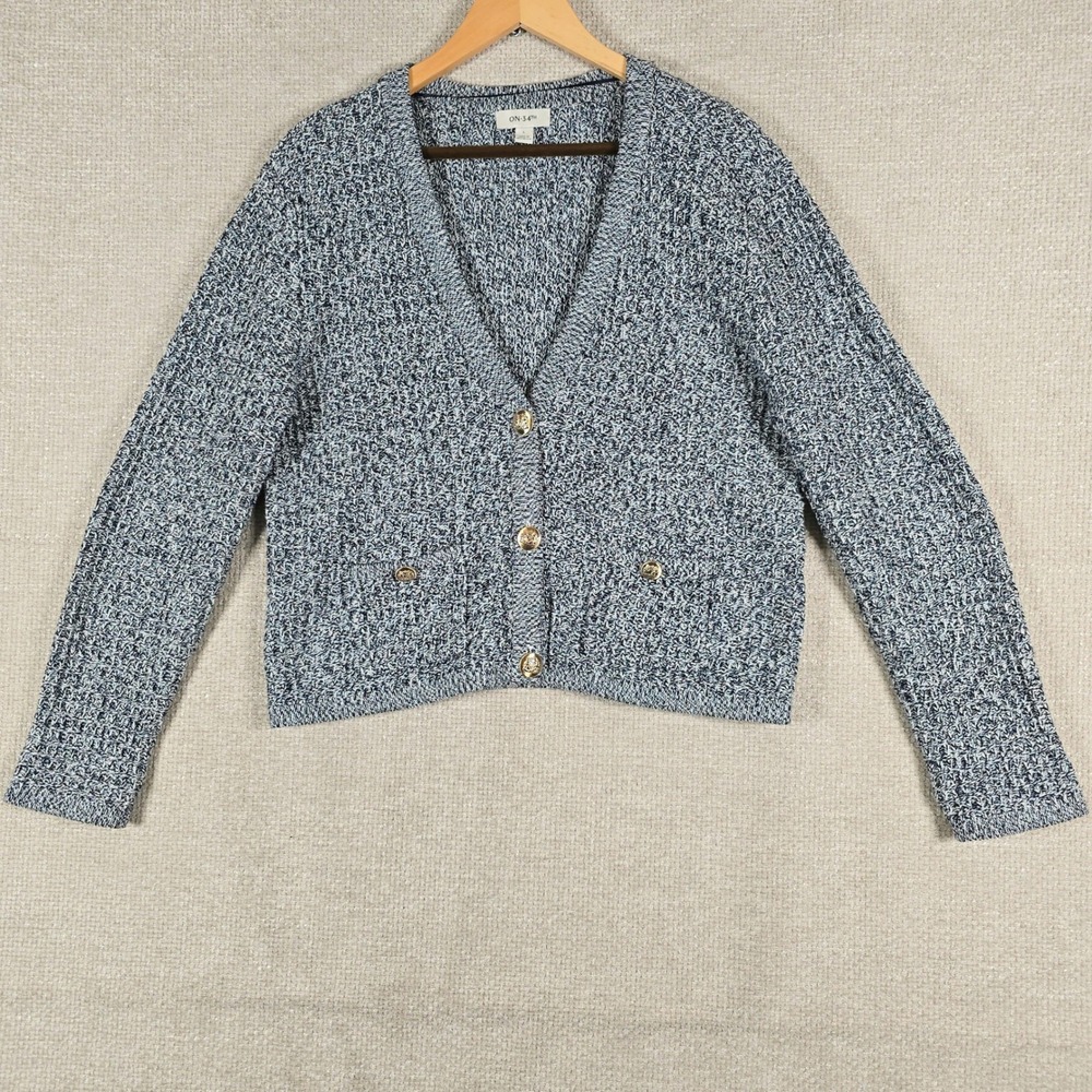 ON 34TH Womens Blue White Marled Cotton Knit‎ Cardigan Gold Crest Buttons Large